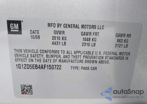 2010 Chevrolet Malibu Lt из США, поврежденный, VIN 1G1ZD5EB4AF150722